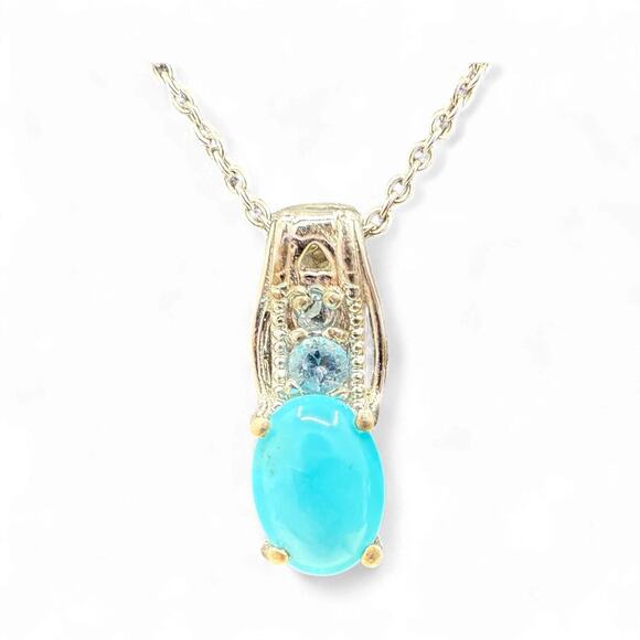 Natural Blue Turquoise Blue Topaz  Pendant Necklace 925 Sterling Silver STS - Picture 1 of 6